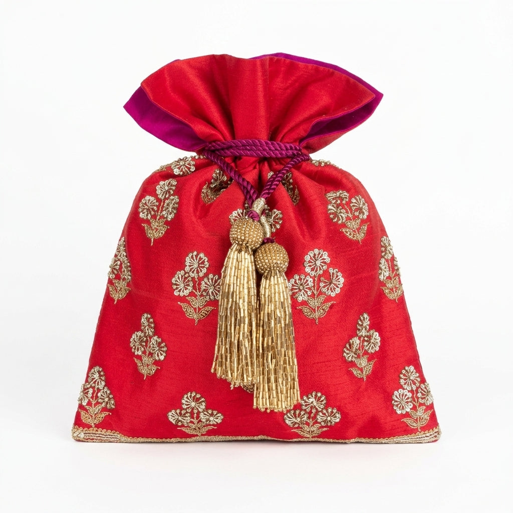 Dipion Silk Asharfi Flower Buti Embroidery Potli - Red