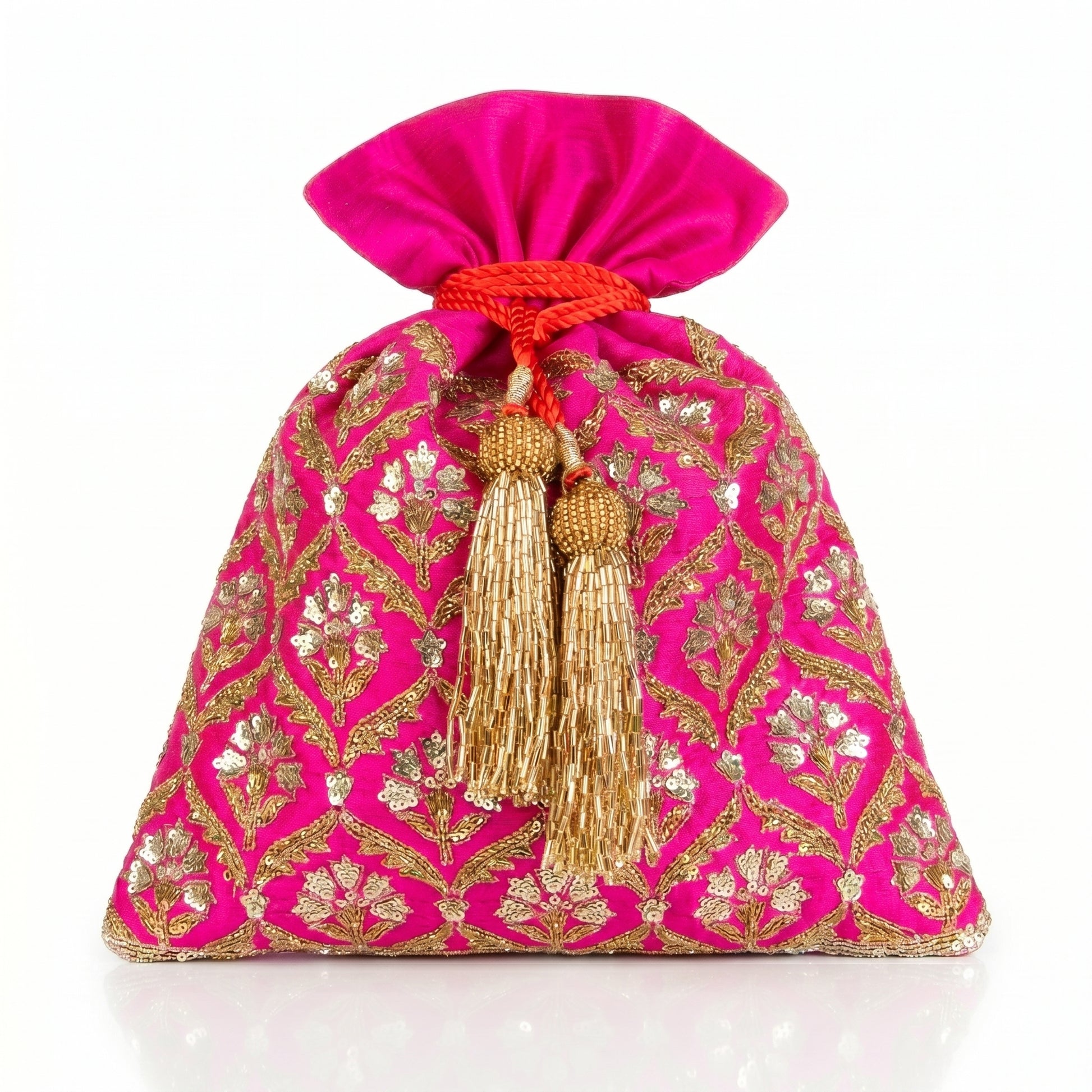 Dupion Silk Pankha Buti Jaal Embroidery Potli - Fushcia
