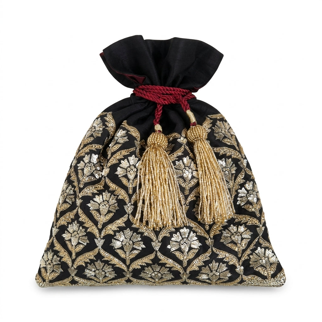 Dupion Silk Pankha Buti Jaal Embroidery Potli - Balck