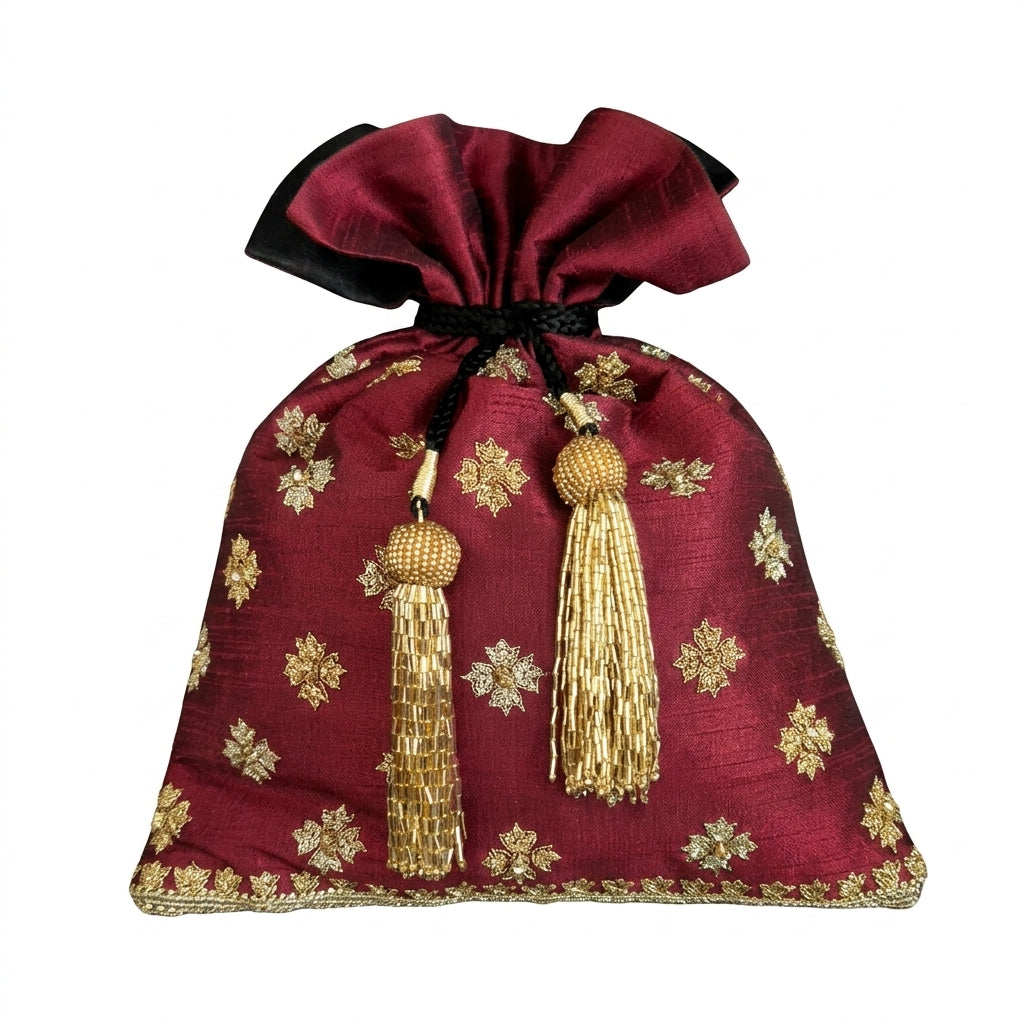 Dupion Silk Flower Blooming Embroidery Potli - Maroon