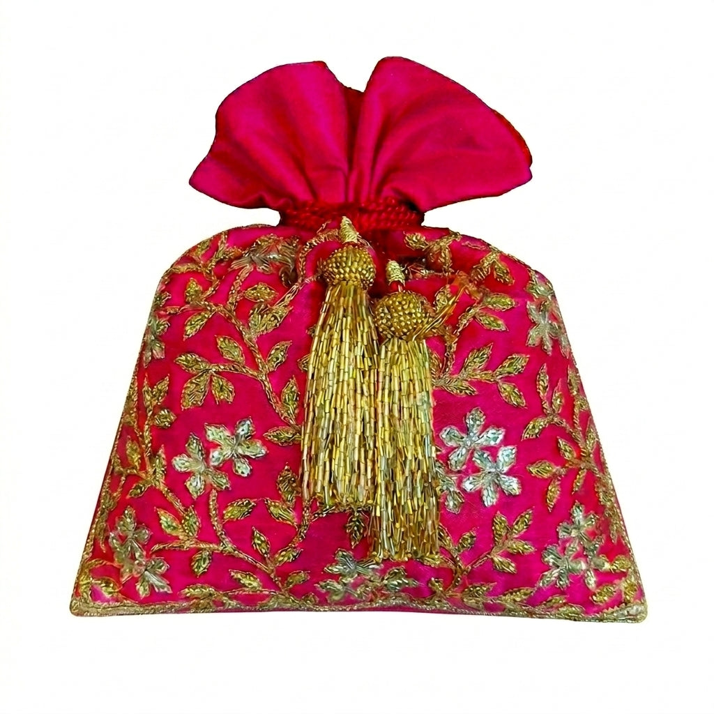 Dupion Silk Lily Flower Jaal Embroidery Potli - Magenta