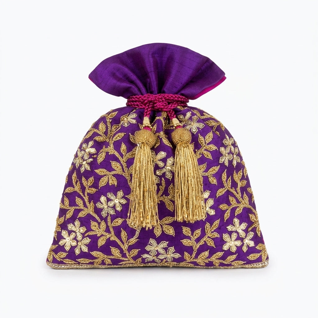 Dupion Silk Lily Flower Jaal Embroidery Potli - Purple