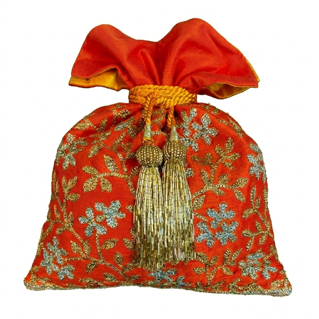 Dupion Silk Lily Flower Jaal Embroidery Potli - Orange