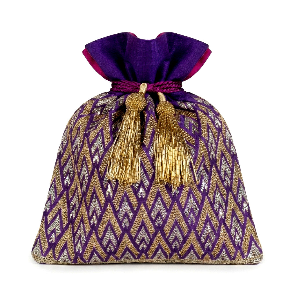 Dupion Silk Pinnacle Design Embroidery Potli - Purple