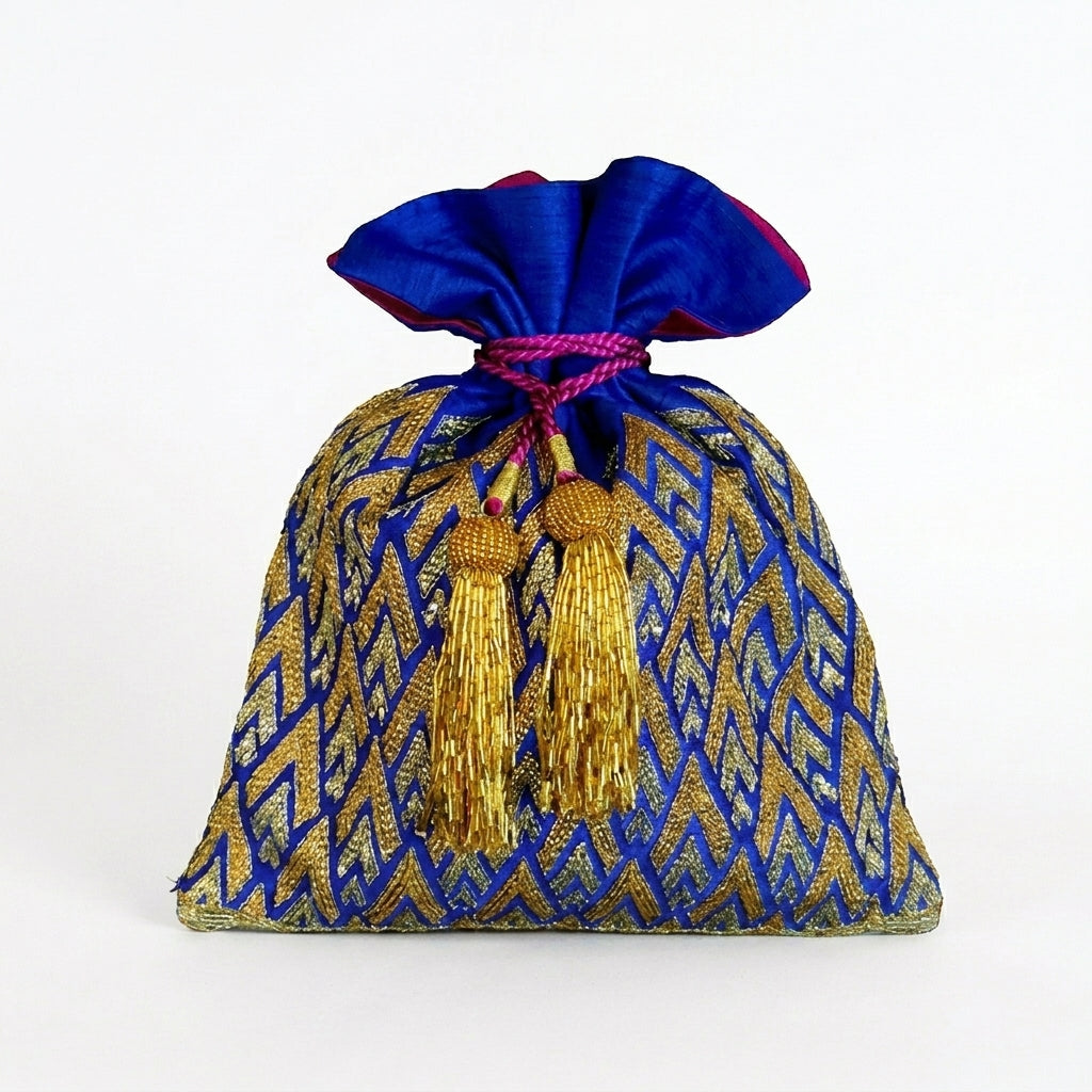 Dupion Silk Pinnacle Design Embroidery Potli - Blue