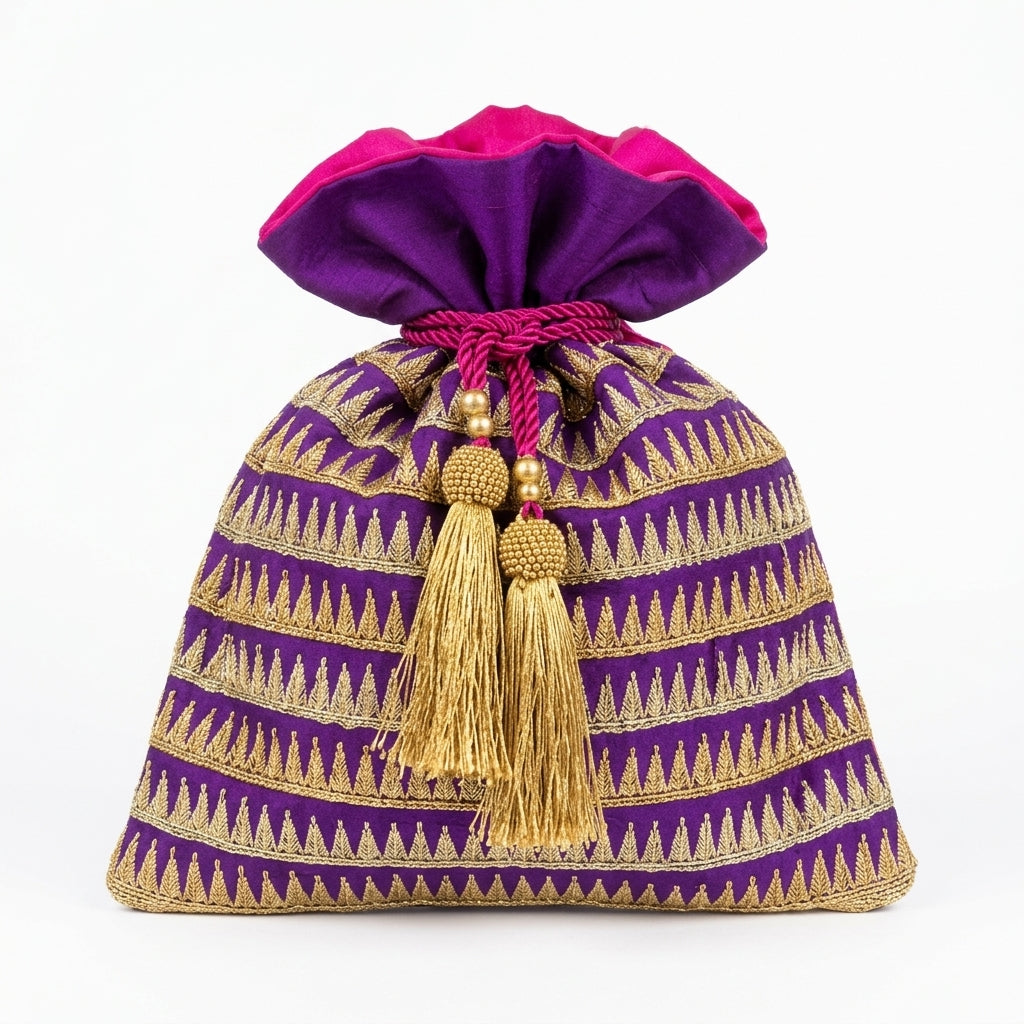 Dupion Silk Temple Border Embroidery Potli - Purple