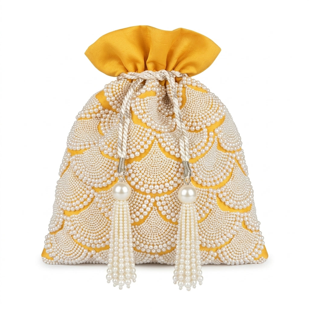 Dupion Silk Pearl Pankha Jaal Embroidery Potli - Yellow