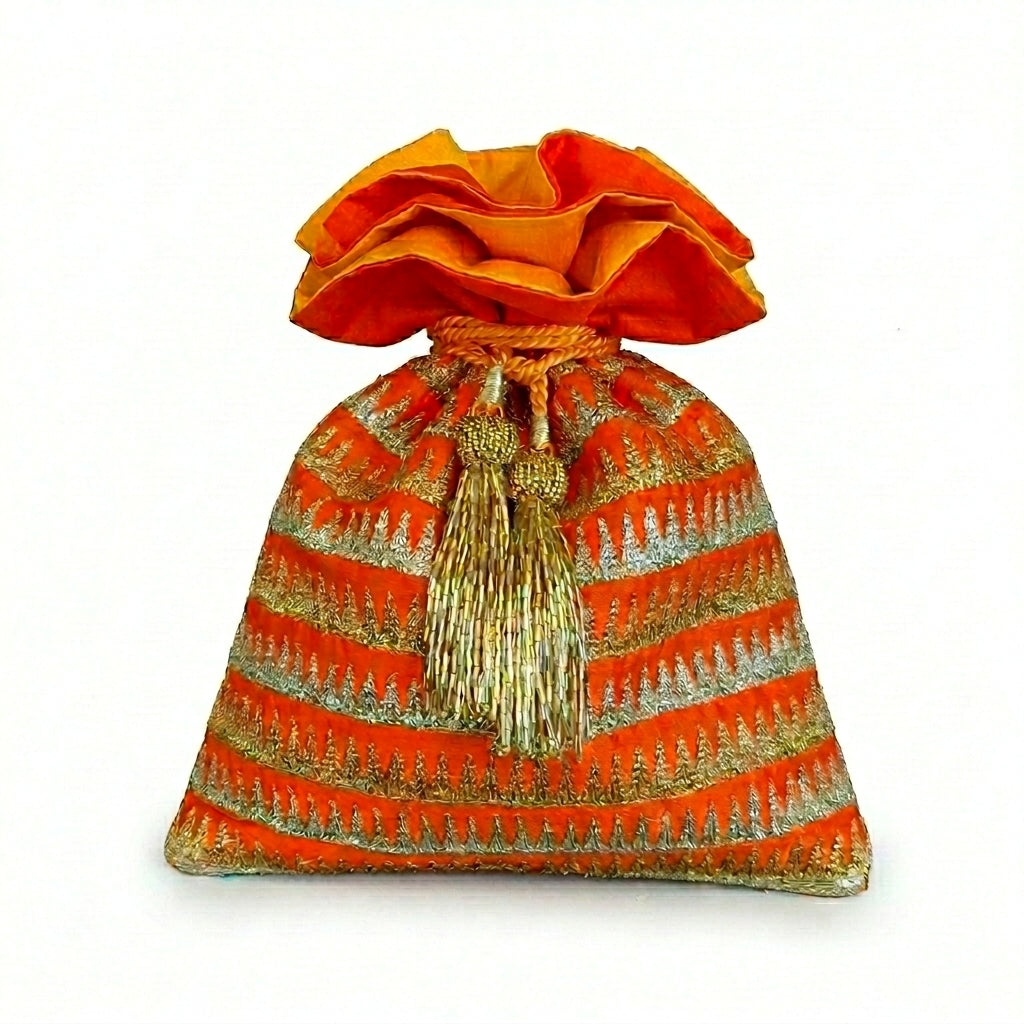 Dupion Silk Temple Border Embroidery Potli - Orange