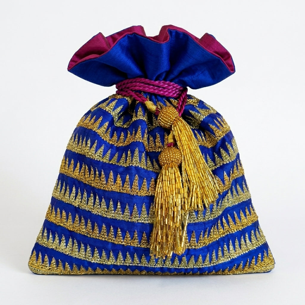 Dupion Silk Temple Border Embroidery Potli - Blue
