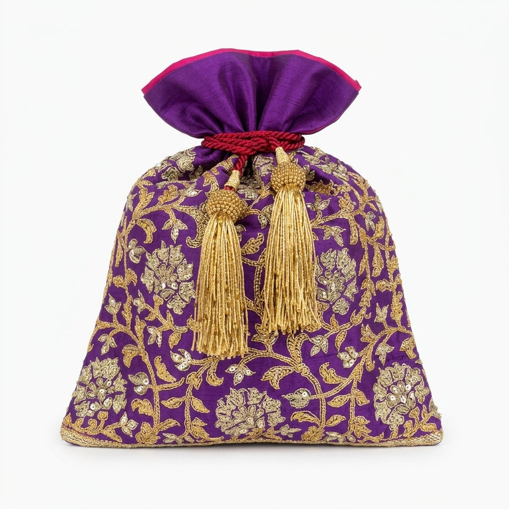 Dupion Silk Gulbahar Jaal Embroidery Potli - Purple