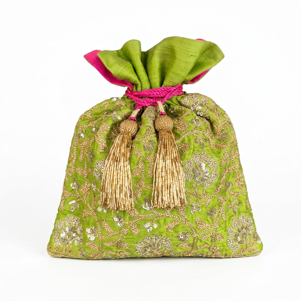 Dupion Silk Gulbahar Jaal Embroidery Potli - Green