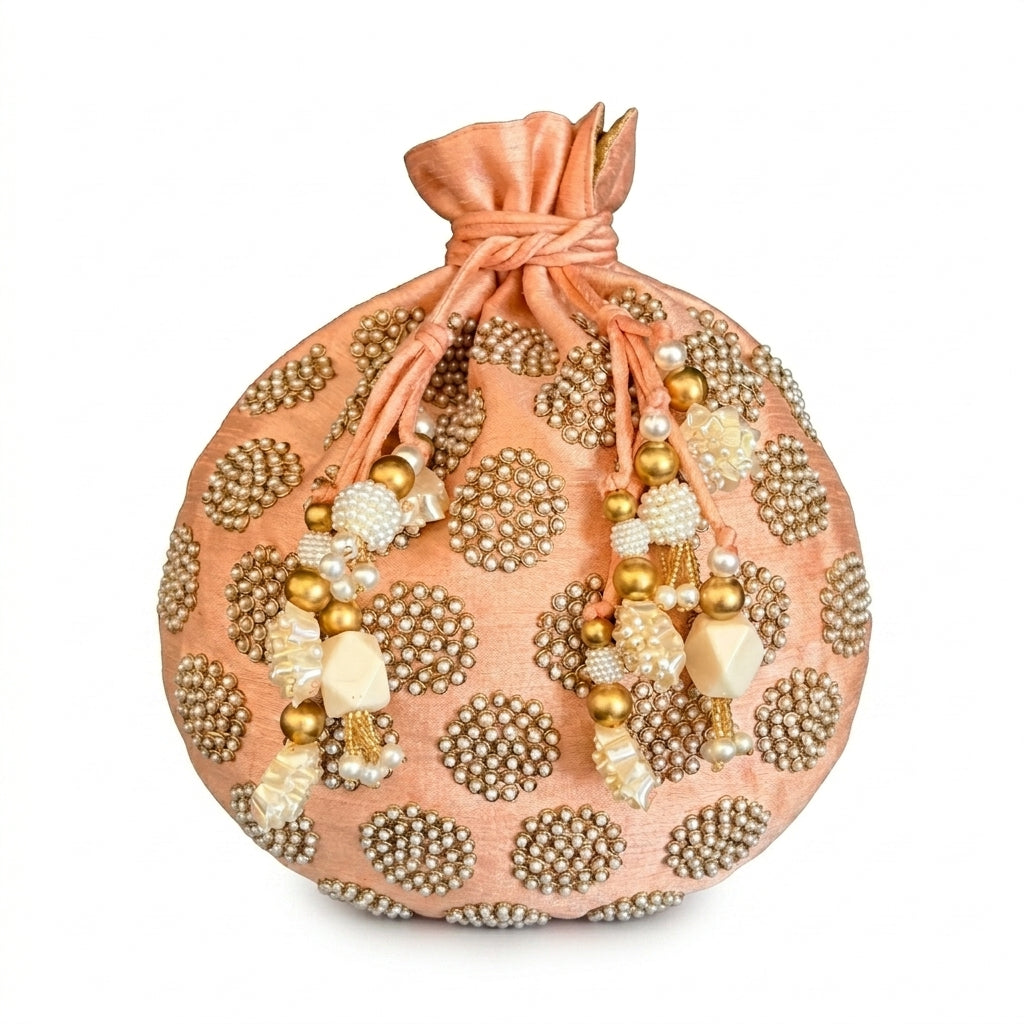 Dupion Silk Round Peral Embroidery Potli - Light Peach