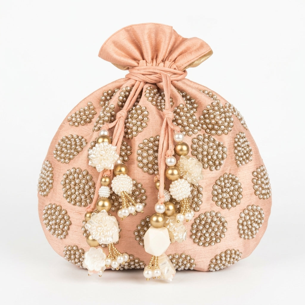 Dupion Silk Round Pearl Embroidery Potli - Light Pink