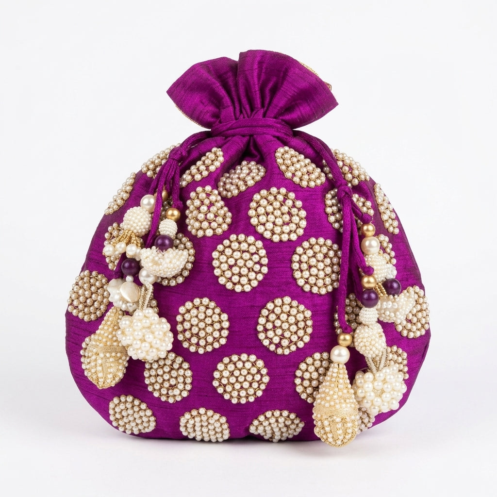 Dupion Silk Round Pearl Embroidery Potli - Magenta