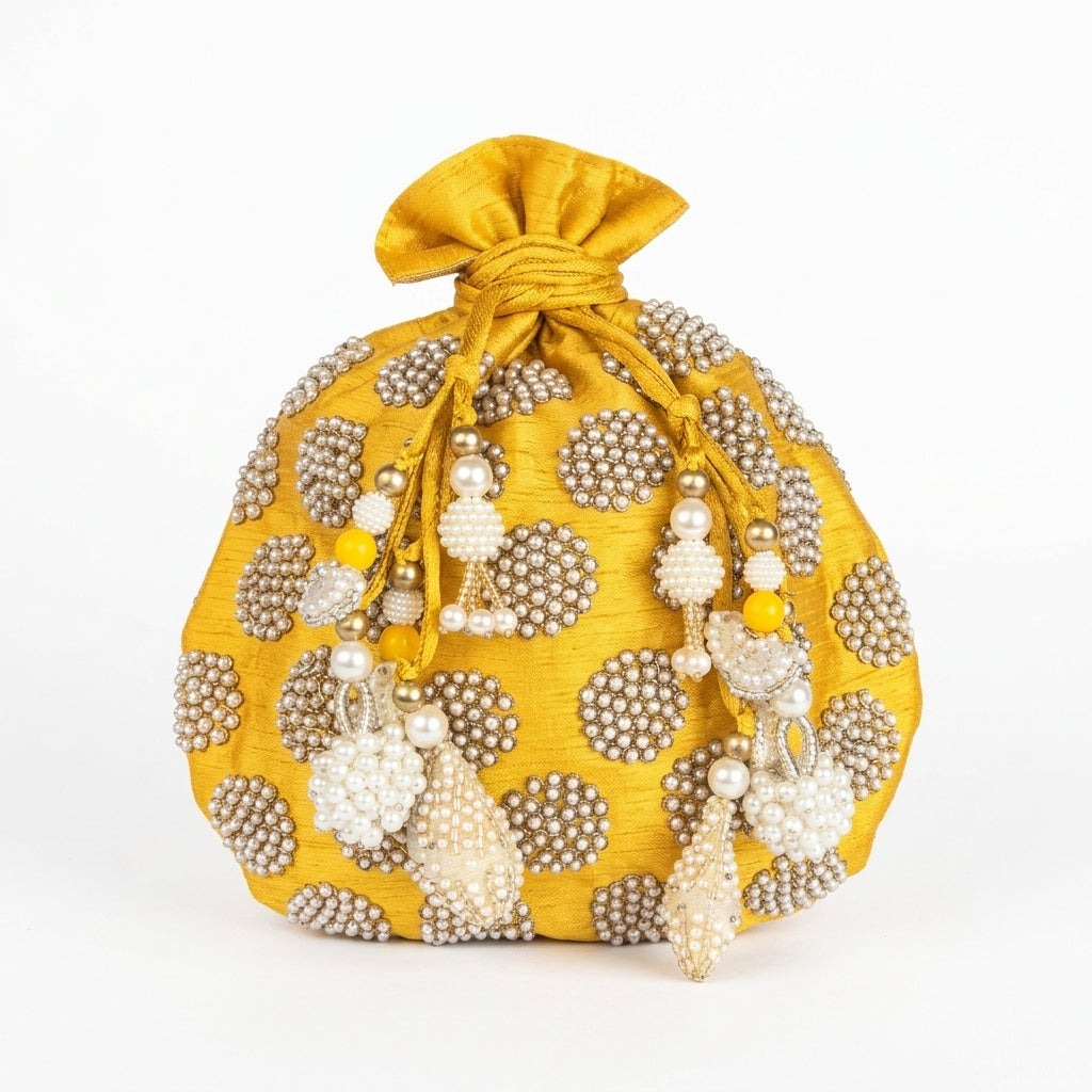 Dupion Silk Round Pearl Embroidery Potli - Yellow