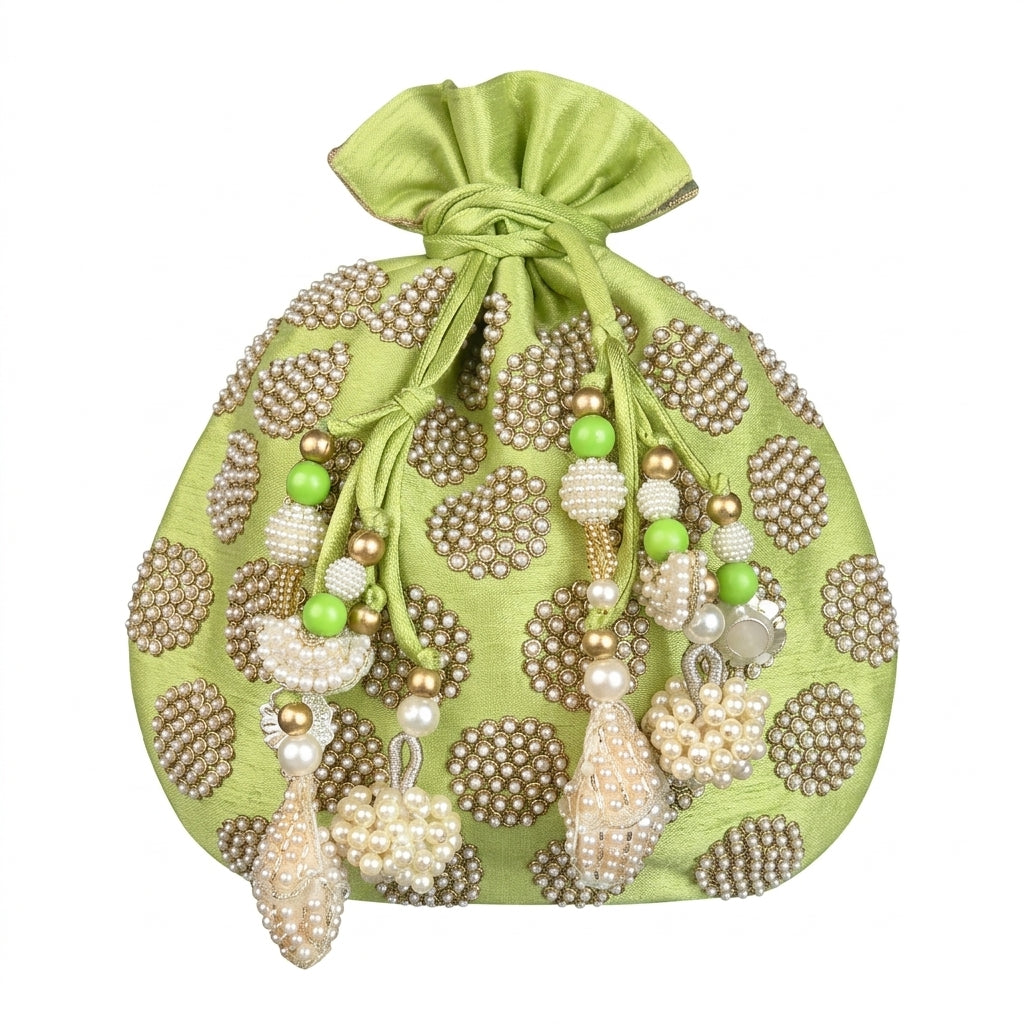 Dupion Silk Round Pearl Embroidery Potli - Parrot Green