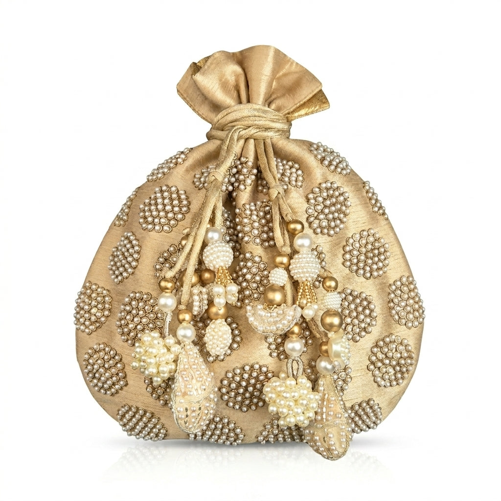 Dupion Silk Round Pearl Embroidery Potli - Light Beige