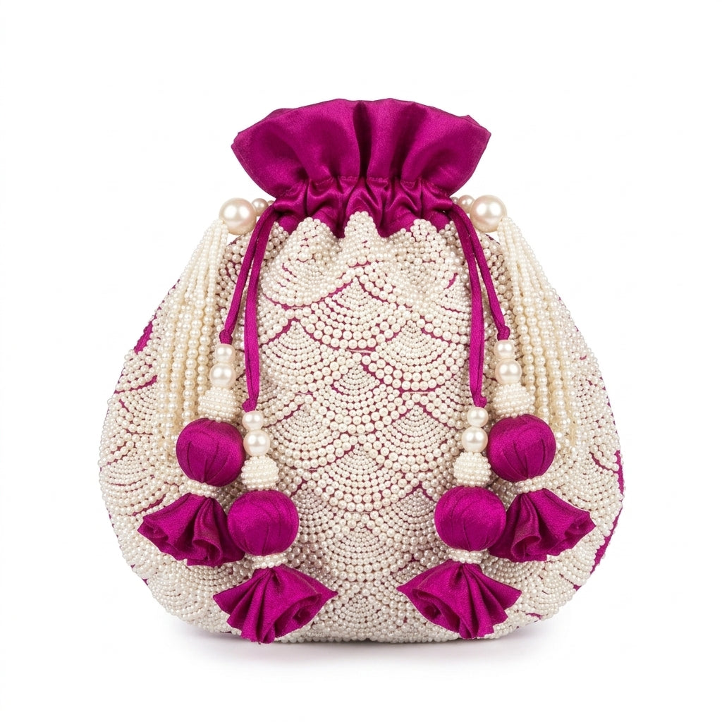 Dupion Silk Small Pearl Pankha Jaal Embroidery Potli - Magenta