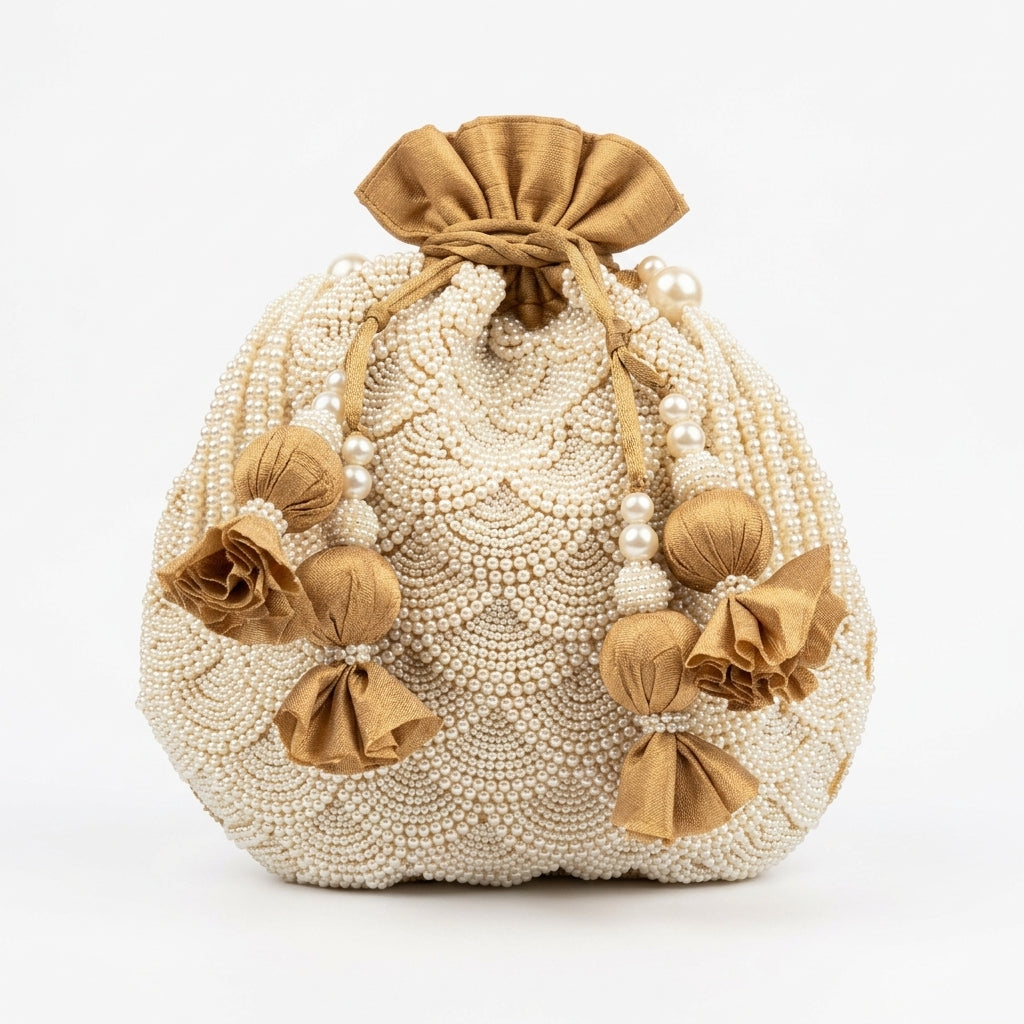 Dupion Silk Small Pearl Pankha Jaal Embroidery Potli - Beige