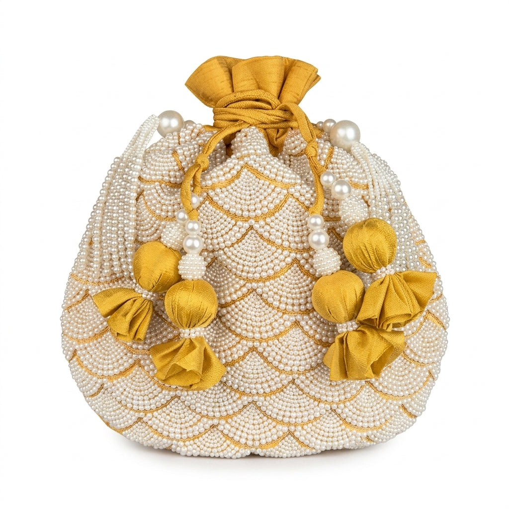 Dupion Silk Small Pearl Pankha Jaal Embroidery Potli - Yellow