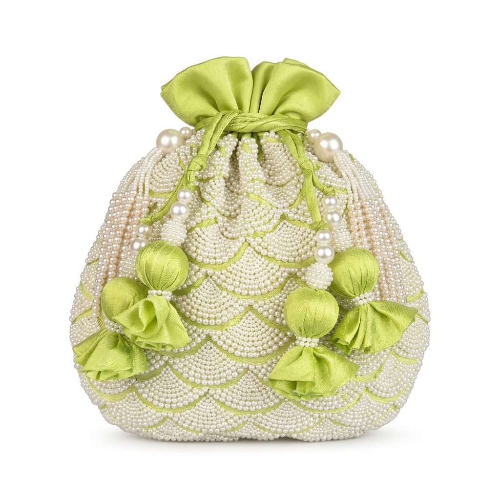 Dupion Silk Small Pearl Pankha Jaal Embroidery Potli - Green