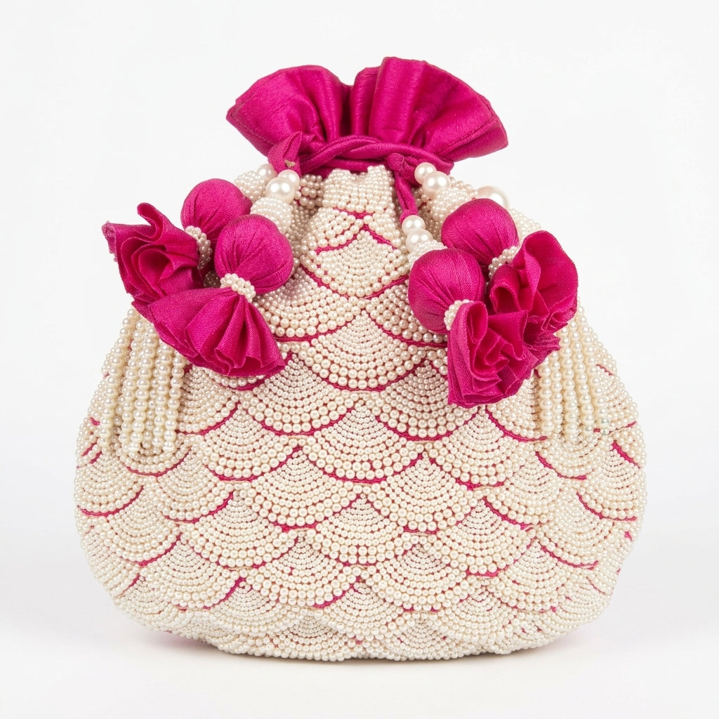 Dupion Silk Small Pearl Pankha Jaal Embroidery Potli - Fuchsia