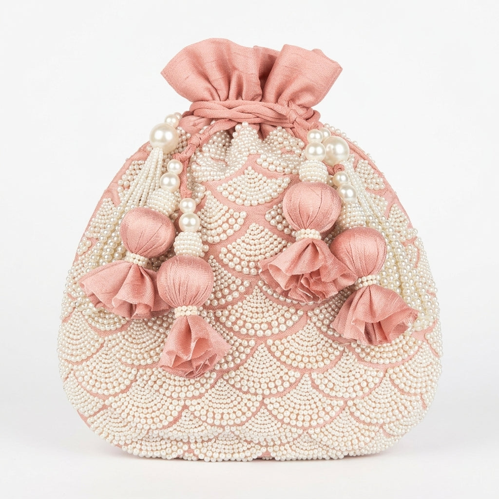 Dupion Silk Small Pearl Pankha JaalEmbroidery Potli - Light Pink
