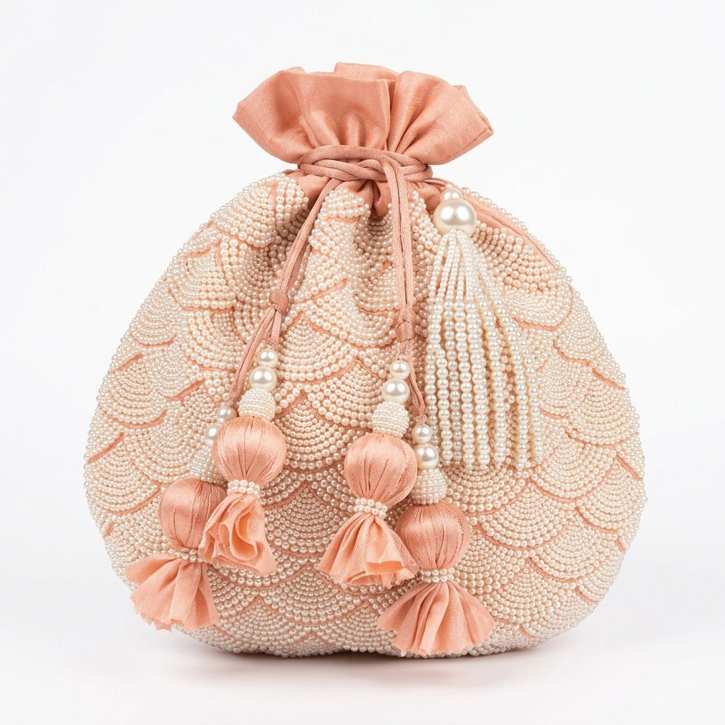 Dupion Silk Small Pearl Pankha JaalEmbroidery Potli - Light Peach