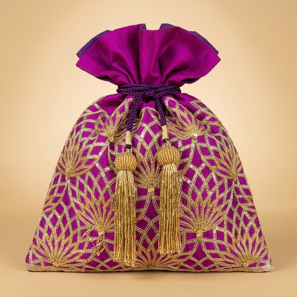 Dupion Silk Tangled Lotus Embroidery Potli Bag – Magenta | Women's Designer Festive Potli