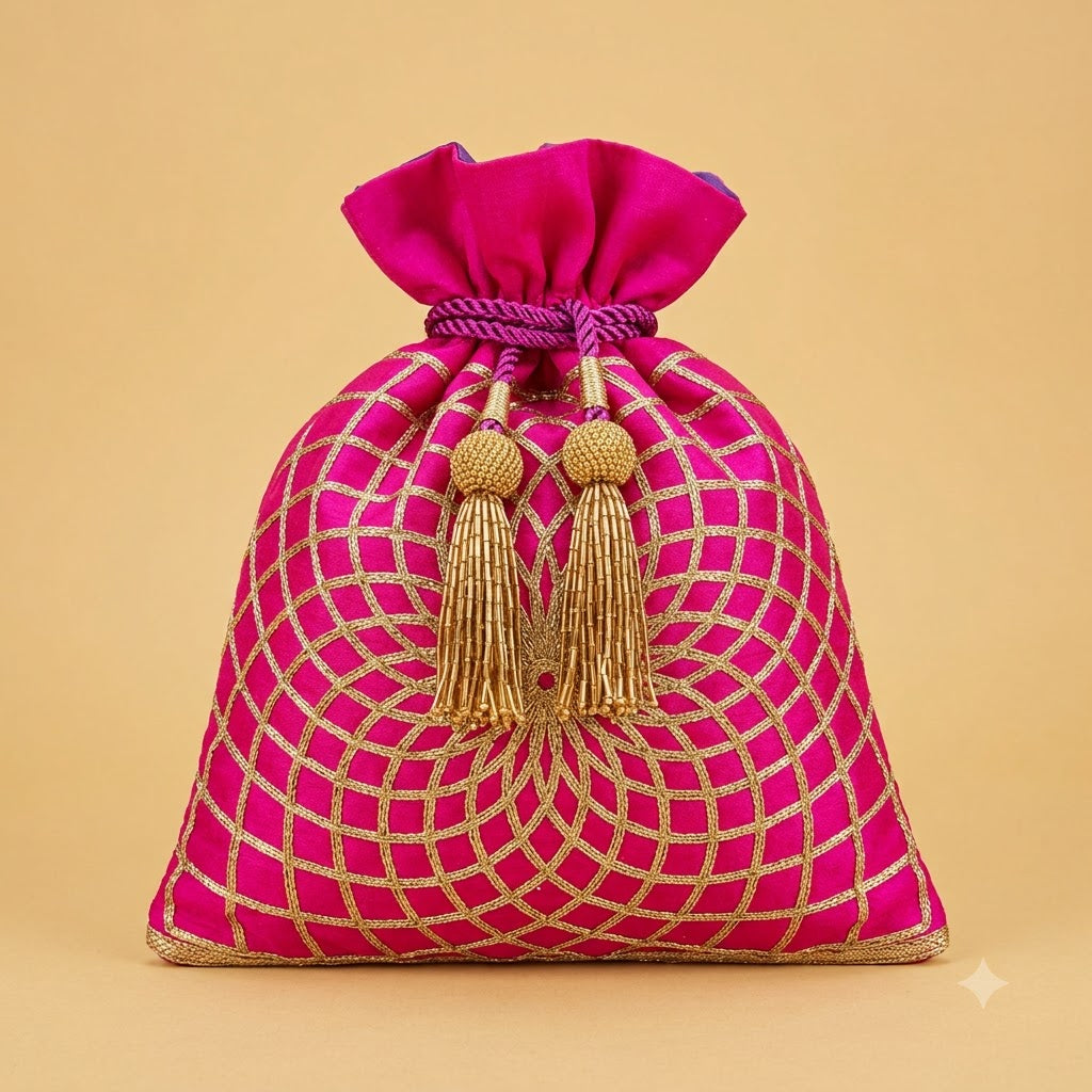 Dupion Silk Lotus Yantra Embroidery Potli Bag – Fuchsia | Women's Designer Festive Potli
