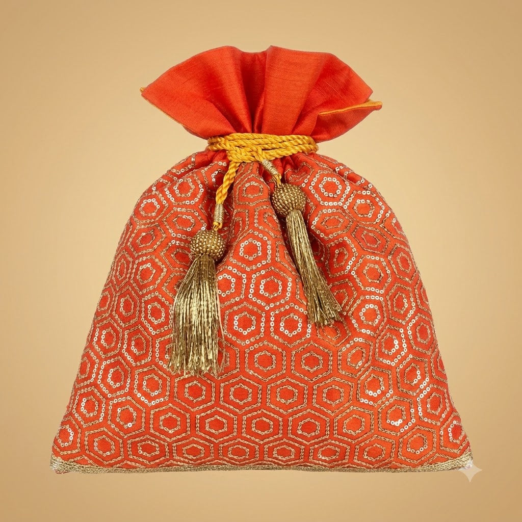 Dupion Silk Hexagon Shell Embroidery Potli Bag – Orange | Women's Designer Festive Potli