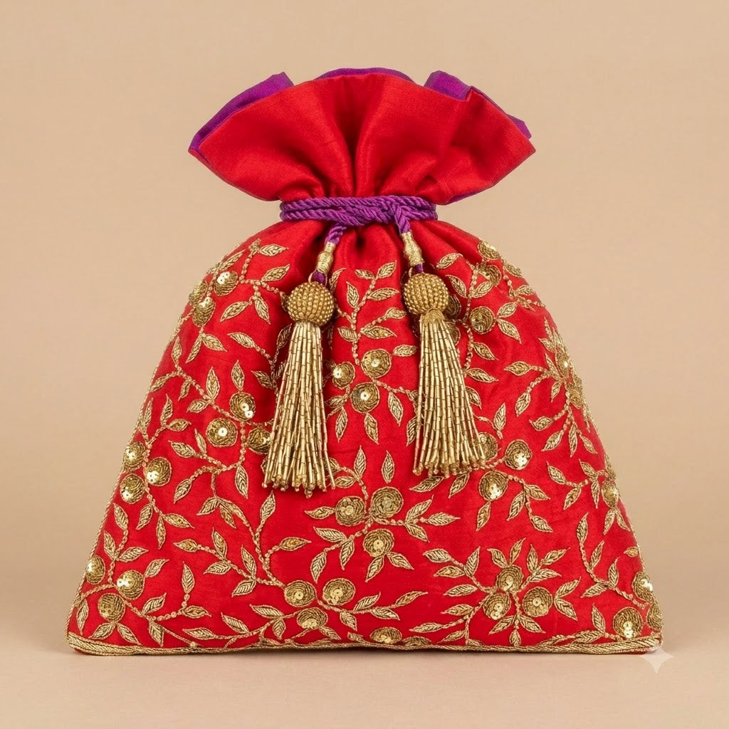 Dupion Silk Cluster Sequin Embroidery Potli Bag – Red | Women's Designer Festive Potli