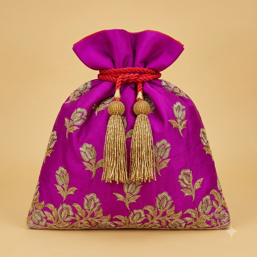 Dupion Silk Tulip Design Embroidery Potli Bag – Magenta | Women's Designer Festive Potli