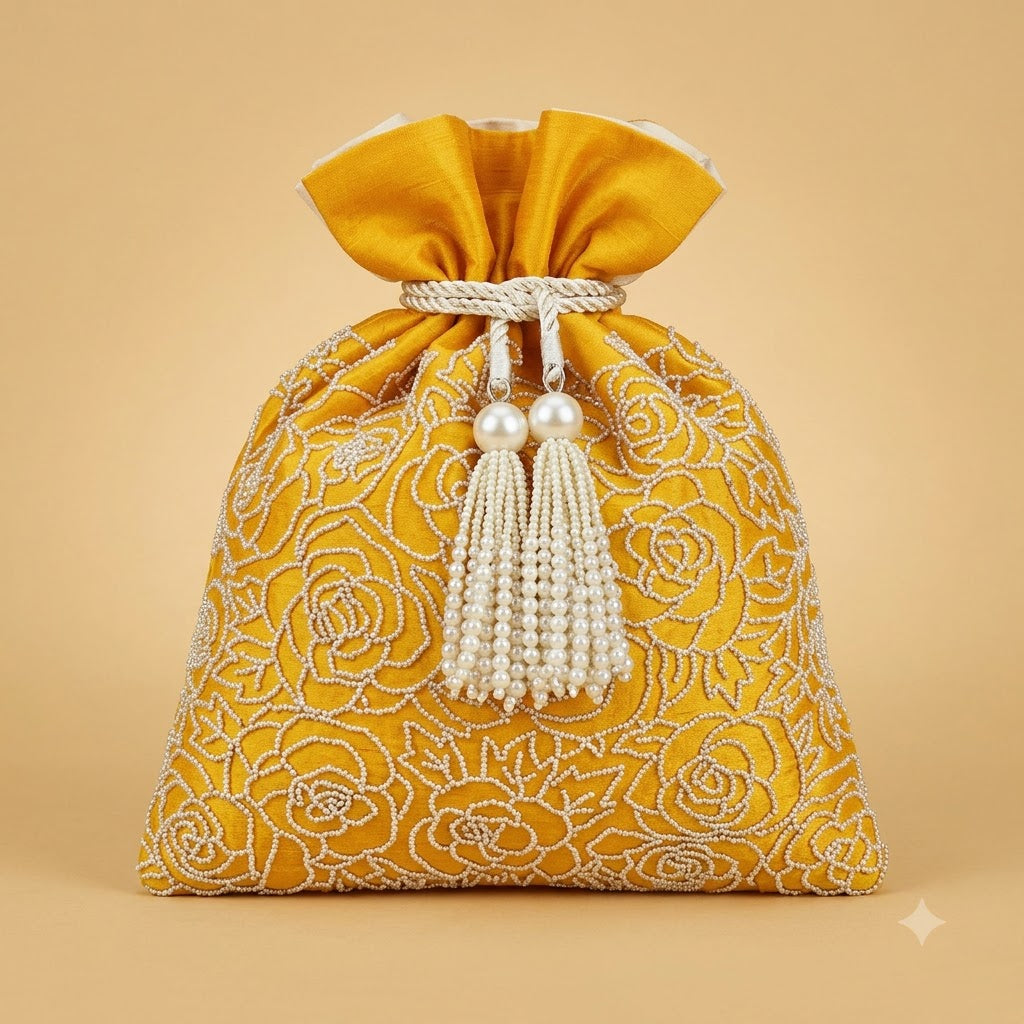 Dupion Silk Rose Jaal Pearl Embroidery Potli Bag – Yellow | Women's Designer Festive Potli
