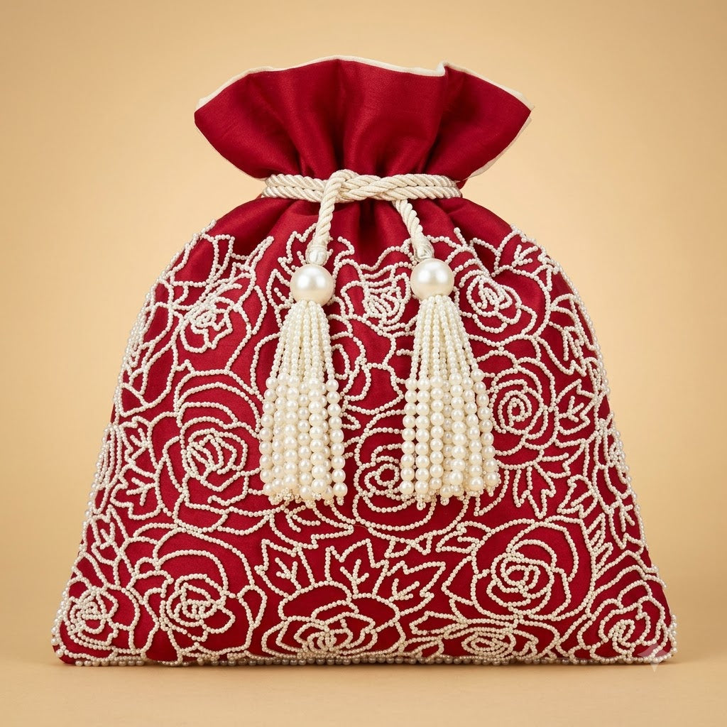 Dupion Silk Potli – Red | All-Over Pearl Outlined Rose Jaal with Pearl Tassel Drawstring | Women’s Designer Festive Potli
