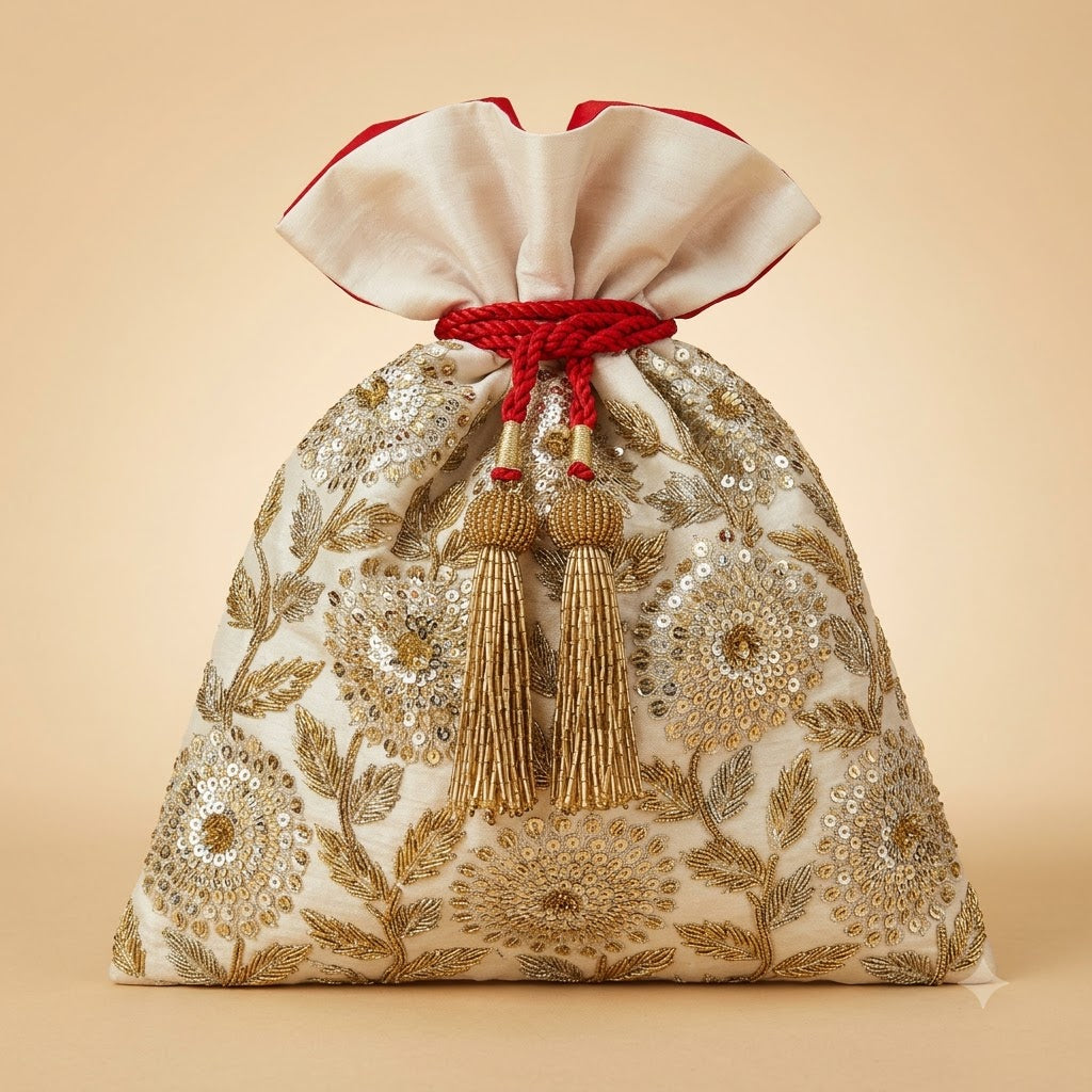 Dupion Silk Honeycomb Flower Jaal Embroidery Potli Bag – Ivory | Women's Designer Bridal Festive Potli