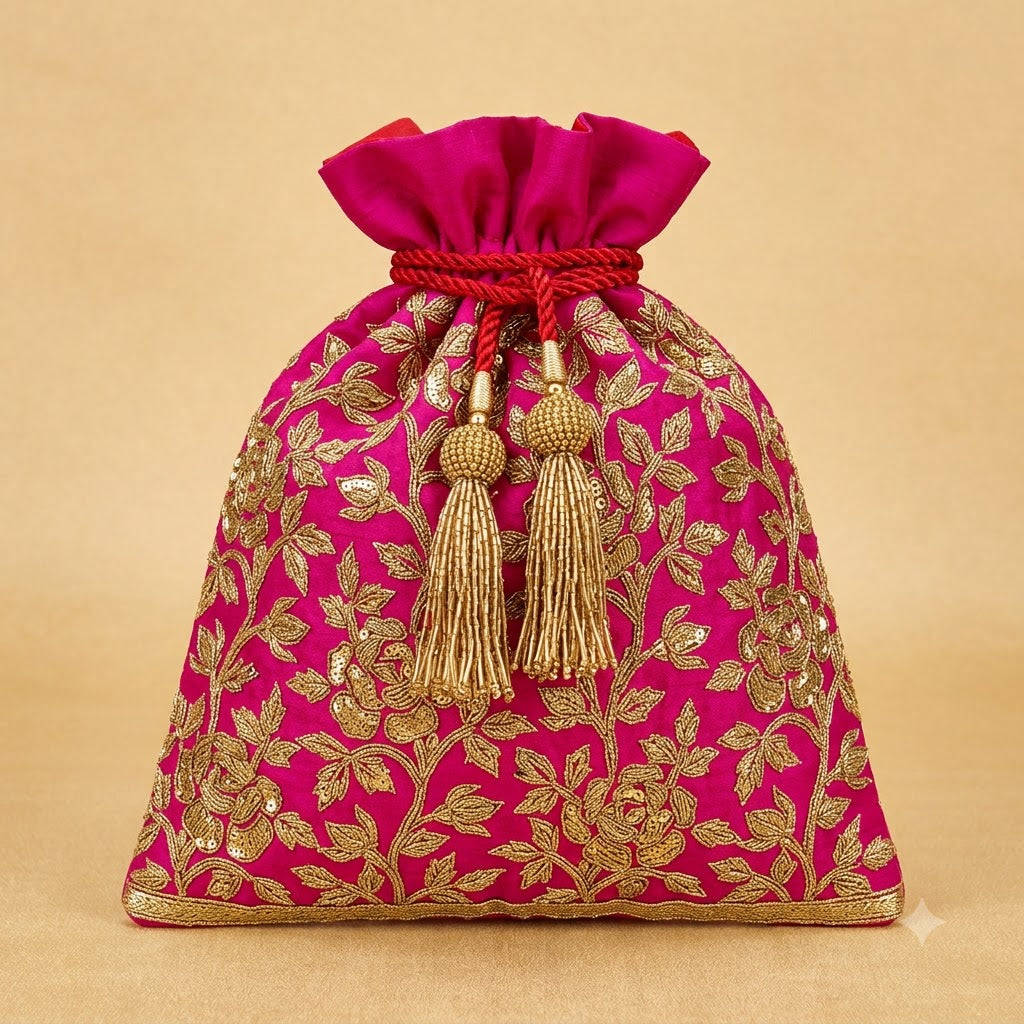 Dupion Silk Rose Flower Jaal Embroidery Potli Bag – Fuchsia | Women's Designer Festive Potli
