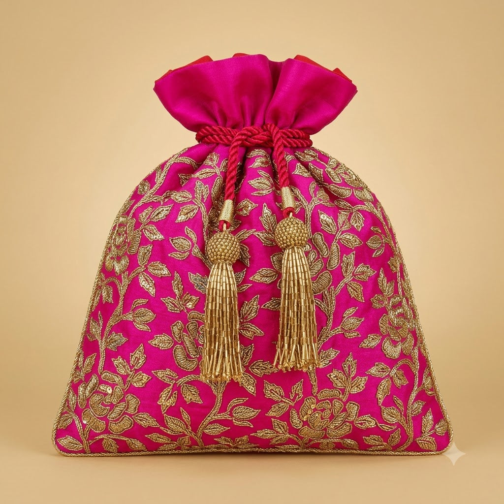 Dupion Silk Potli – Fuchsia | All-Over Gold Zardozi Rose & Leaf Jaal with Gold Bugle Bead Tassel Drawstring | Women’s Designer Festive Potli
