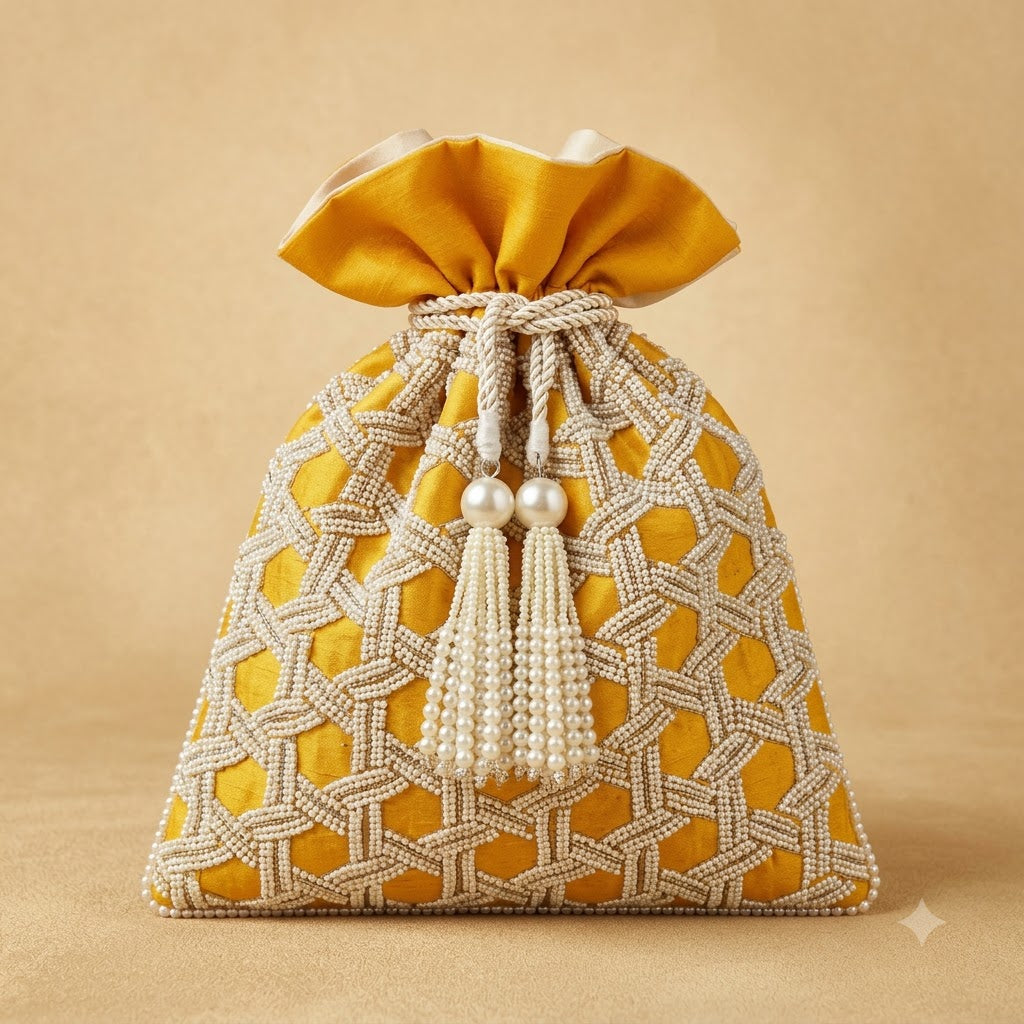 Dupion Silk Knotted Pearl Embroidery Potli Bag – Yellow | Women's Designer Bridal Festive Potli