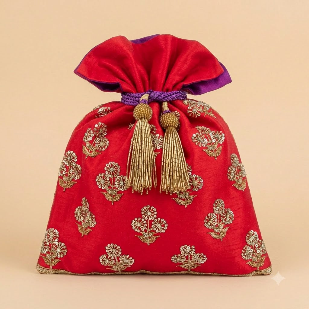 Dupion Silk Asharfi Flower Buti Embroidery Potli Bag – Red | Women's Designer Festive Potli