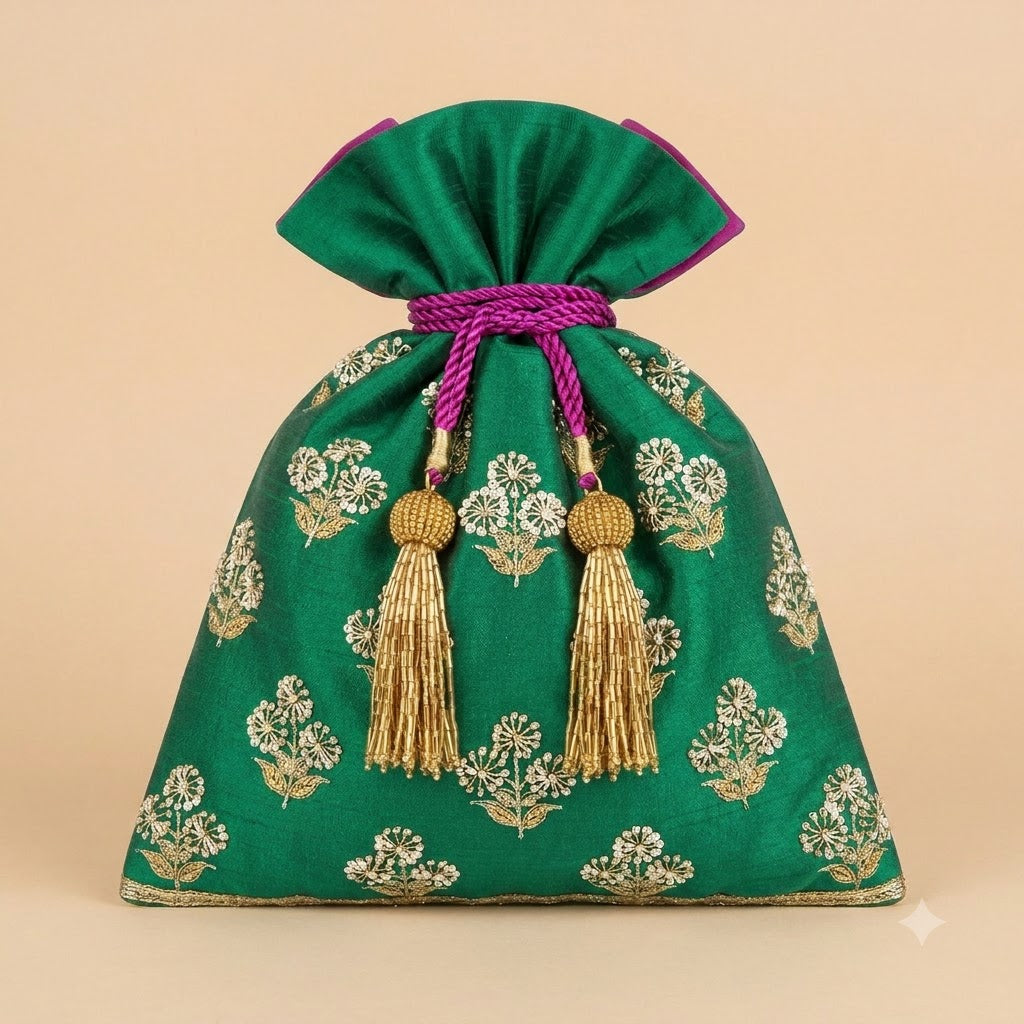 Dupion Silk Asharfi Flower Buti Embroidery Potli Bag – Emerald Green | Women's Designer Festive Potli
