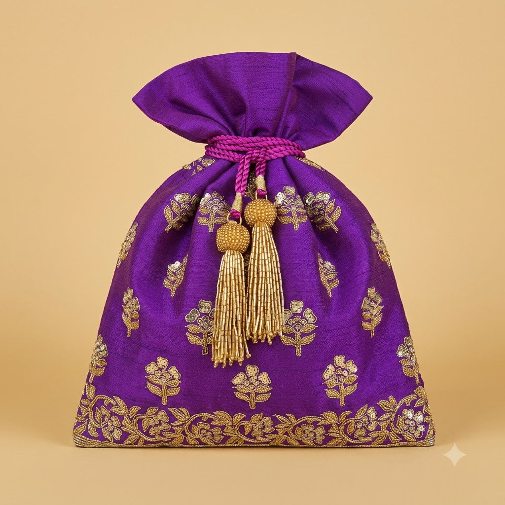Dupion Silk Asharfi Flower Buti & Floral Border Embroidery Potli Bag – Purple | Women's Designer Festive Potli