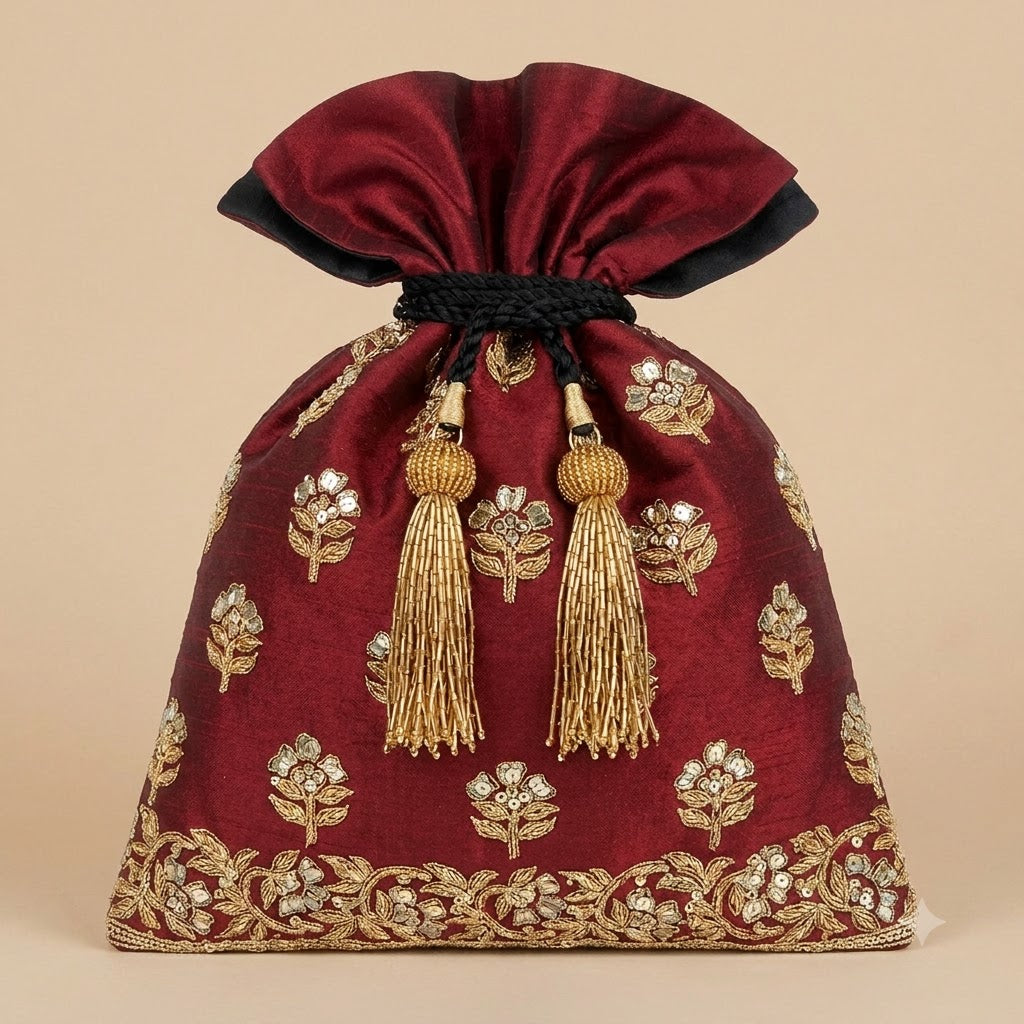 Dupion Silk Traditional Floral Buti & Border Embroidery Potli Bag – Maroon | Women's Designer Festive Potli