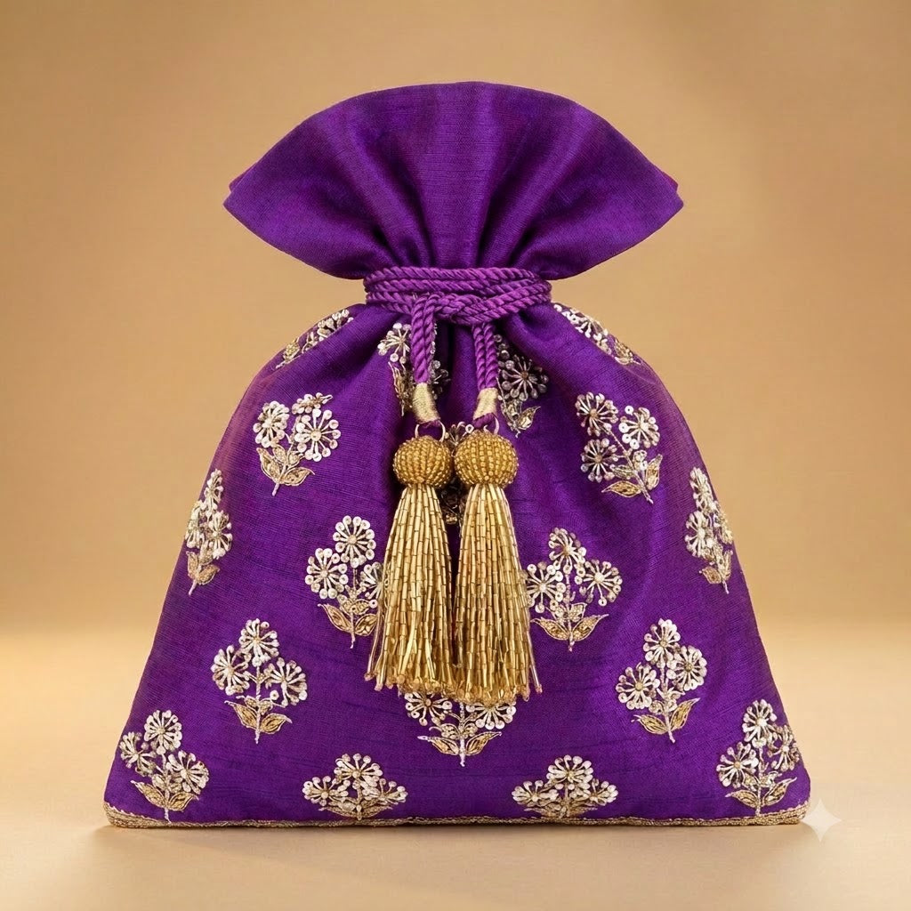 Dupion Silk Traditional Chrysanthemum Buti Embroidery Potli Bag – Purple | Women's Designer Festive Potli