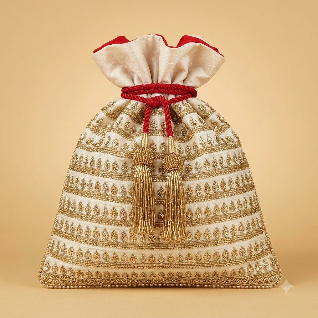 Dupion Silk Kangoora Line Embroidery Potli Bag – Ivory | Women's Designer Bridal Festive Potli