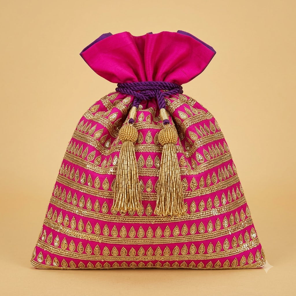 Dupion Silk Kangoora Line Embroidery Potli Bag – Fuchsia | Women's Designer Festive Potli