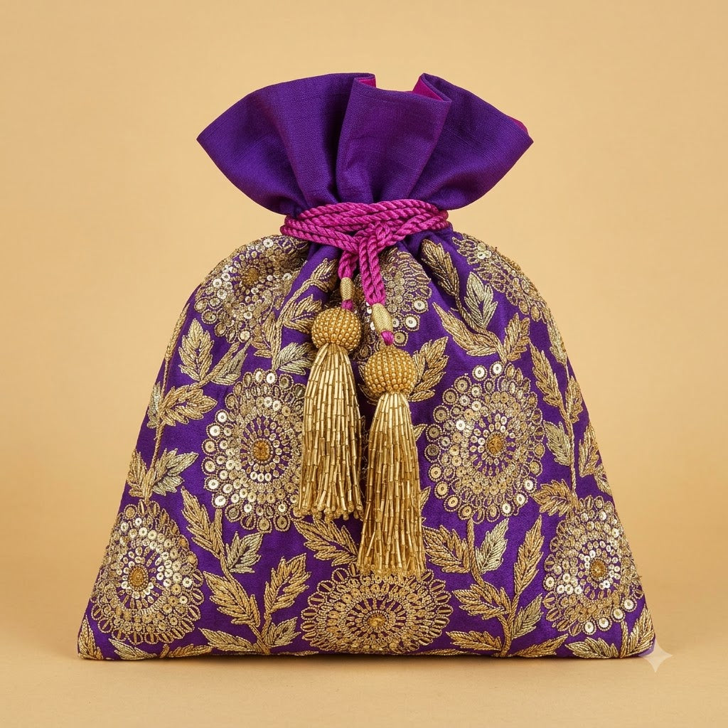 Dupion Silk Honeycomb Flower Jaal Embroidery Potli Bag – Purple | Women's Designer Festive Potli