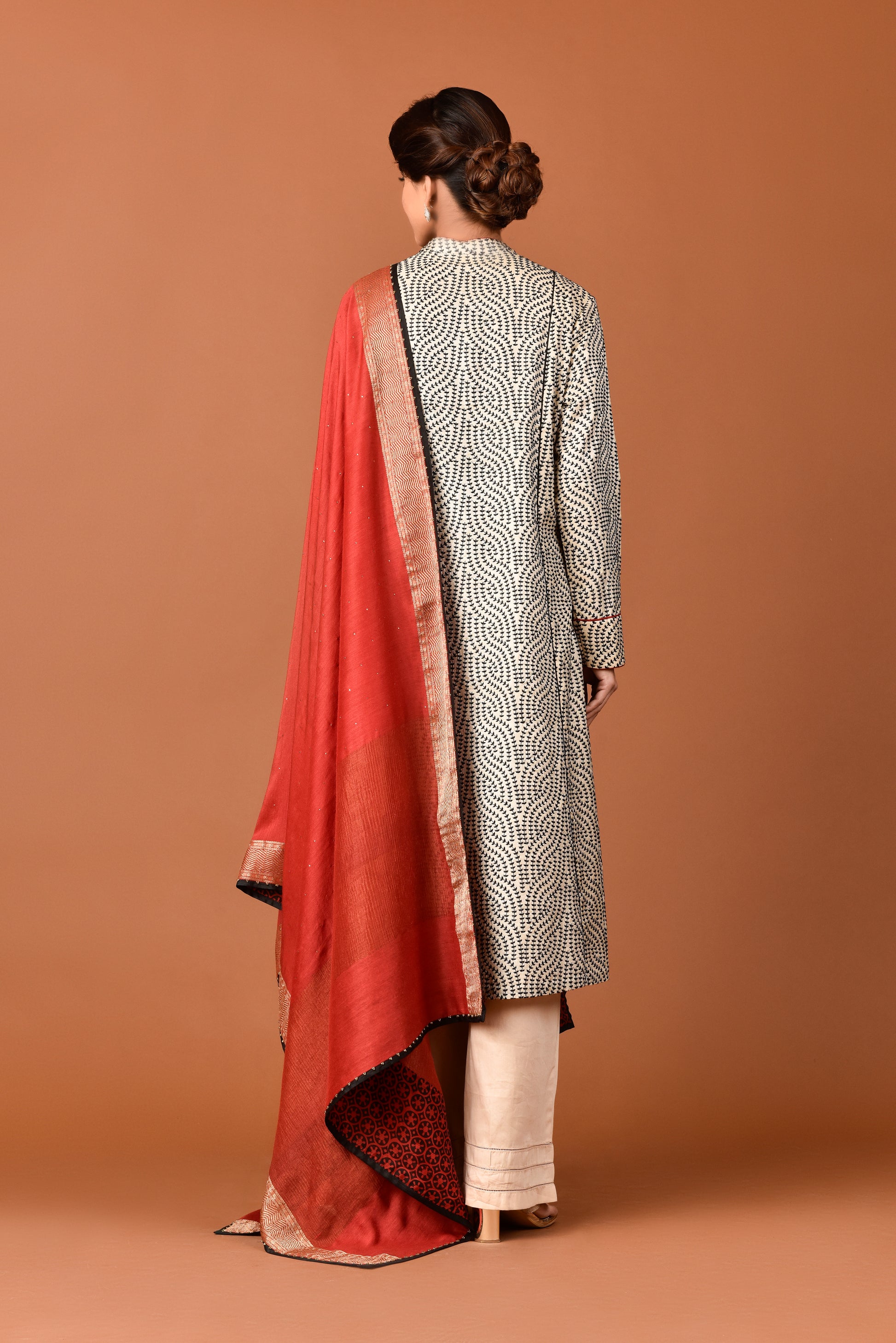 Tussar Colour Black Leaf Jaal Embroidery Kurta With Palazzo and Mukiesh Dupatta