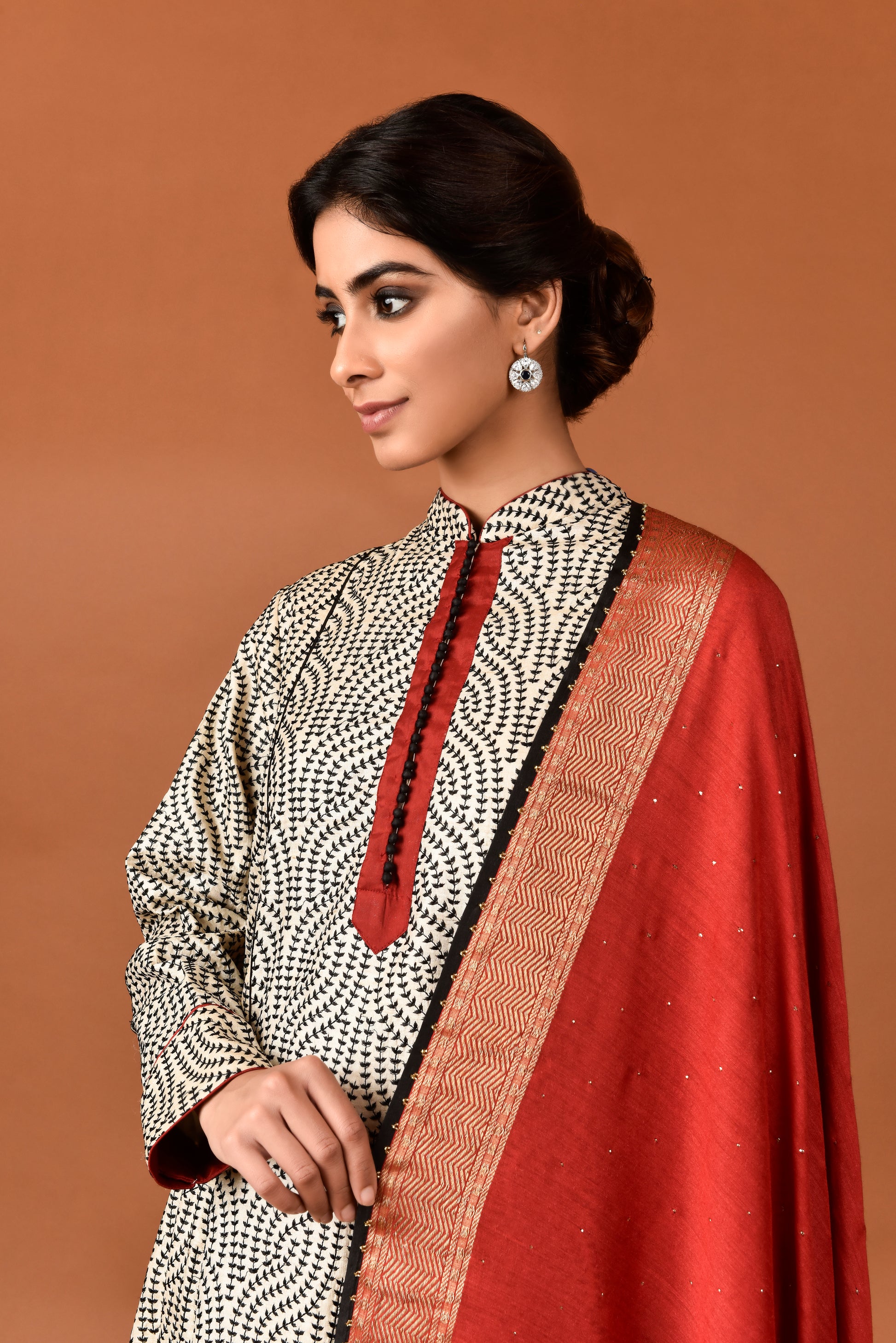 Tussar Colour Black Leaf Jaal Embroidery Kurta With Palazzo and Mukiesh Dupatta