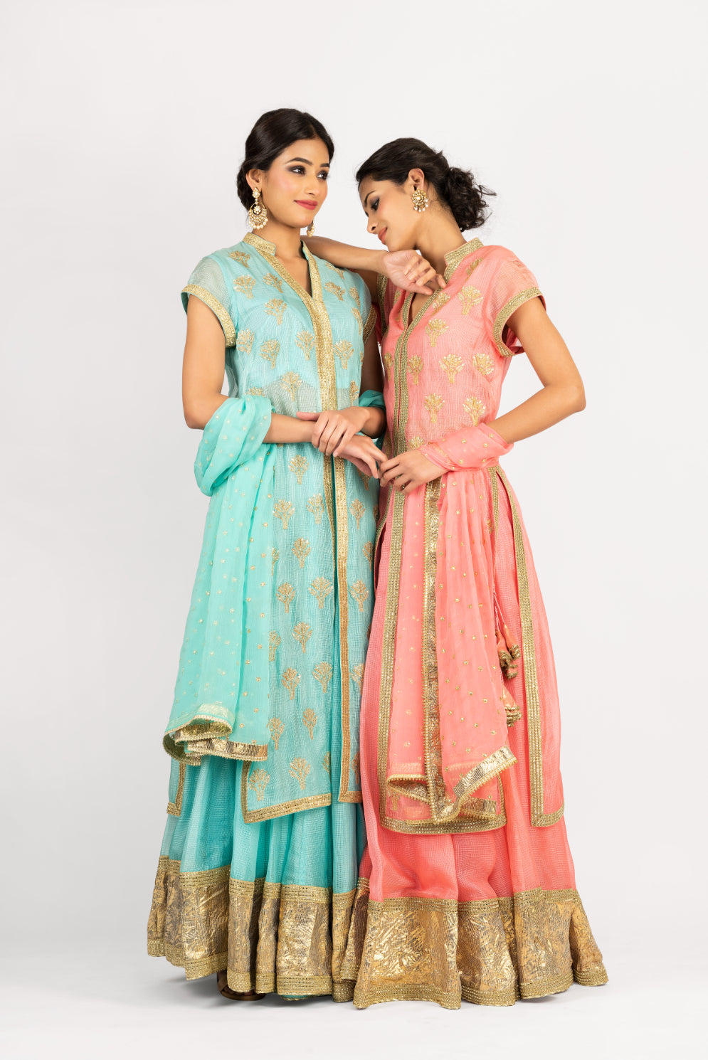 Kota Silk Long Tunic Embroidered Lehenga and Chiffon Dupatta - Aqua